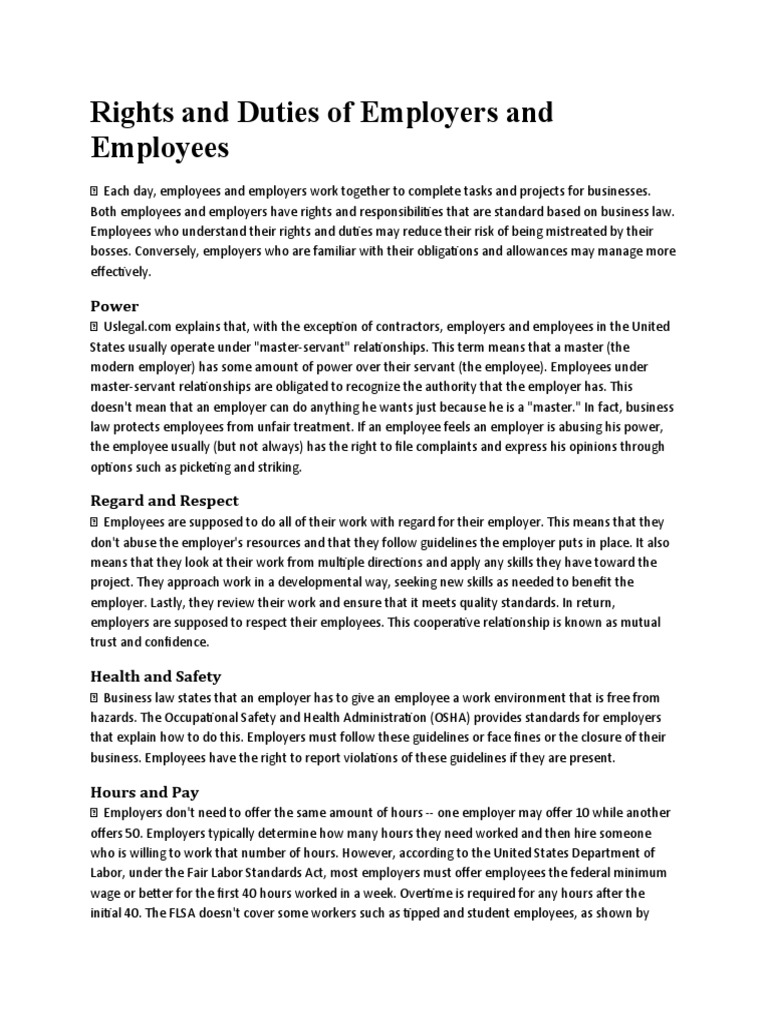 Rights and Duties of Employers and Employees | Download Free PDF ...