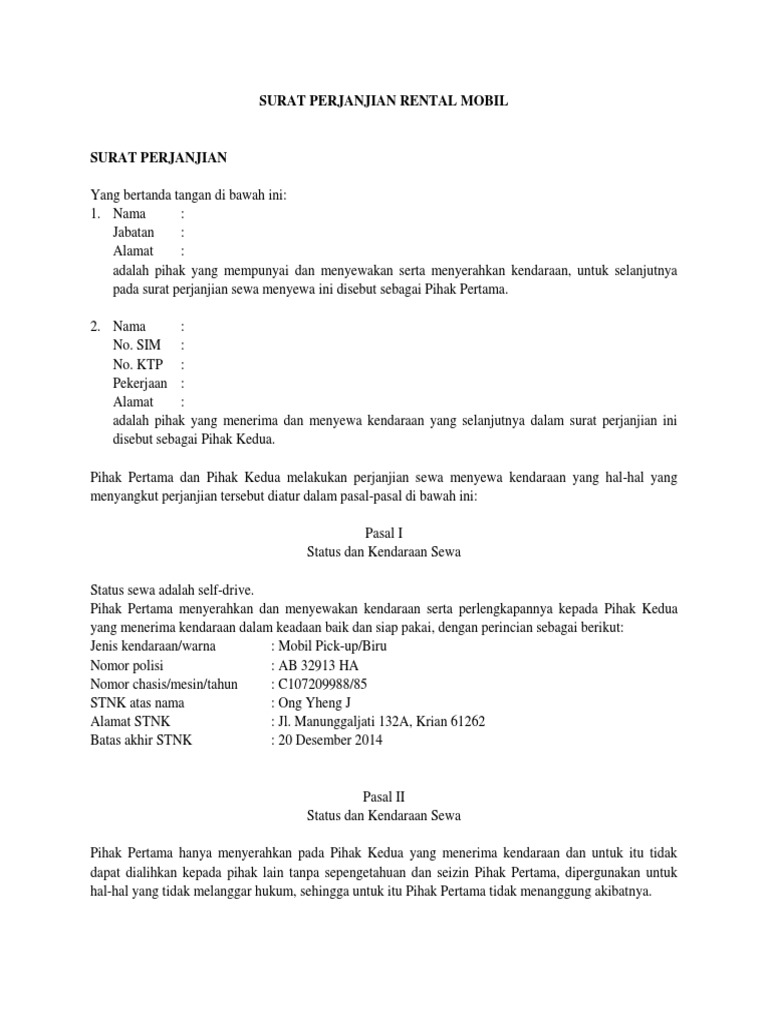 Surat Perjanjian Rental Mobil Pdf