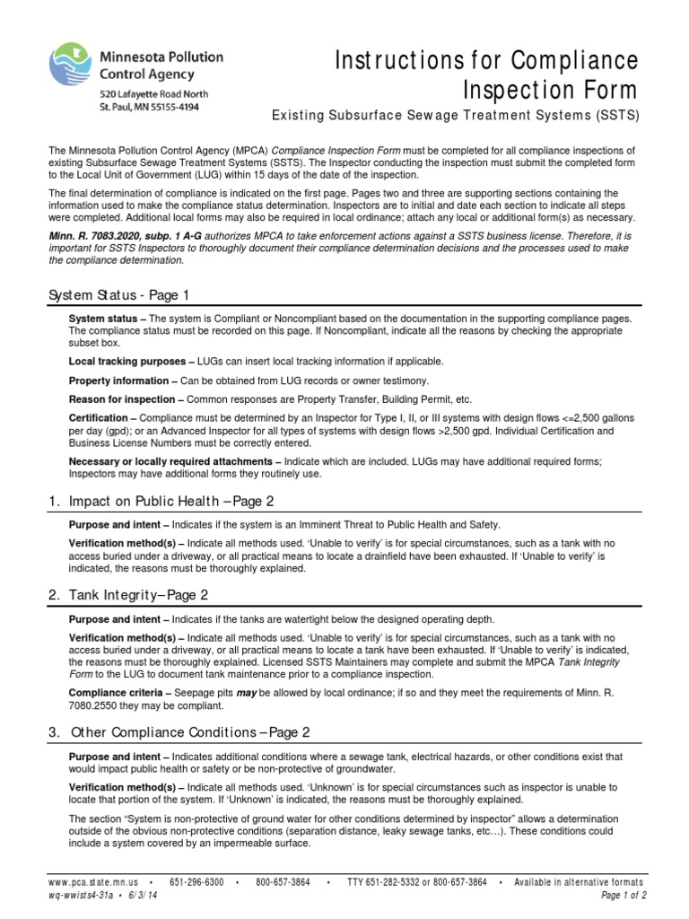 Instructions For Compliance Inspection Form: System Status - Page 1 ...