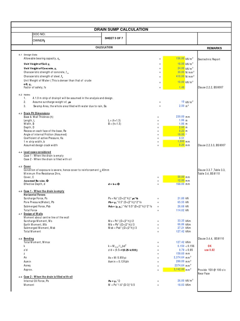 Drain Sump Calculation Concrete Solid Mechanics