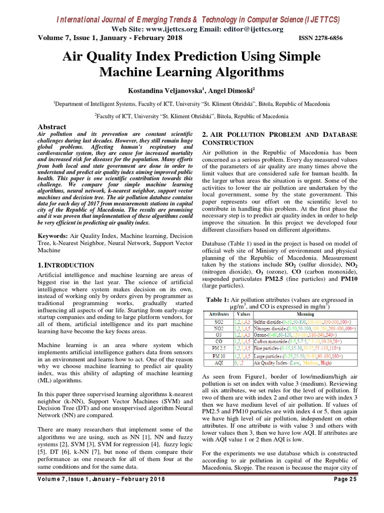 Air quality index prediction using simple machine learning algorithms