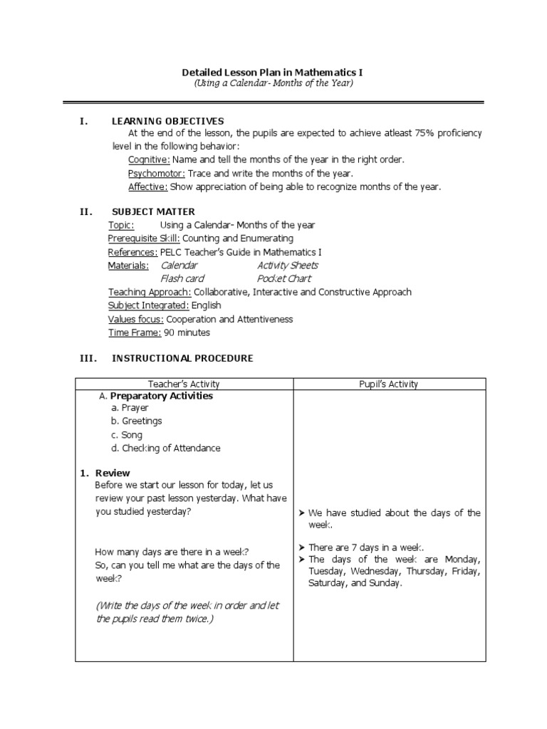 Semi-Detailed Lesson Plan: Months | PDF | Lesson Plan | Behavior ...