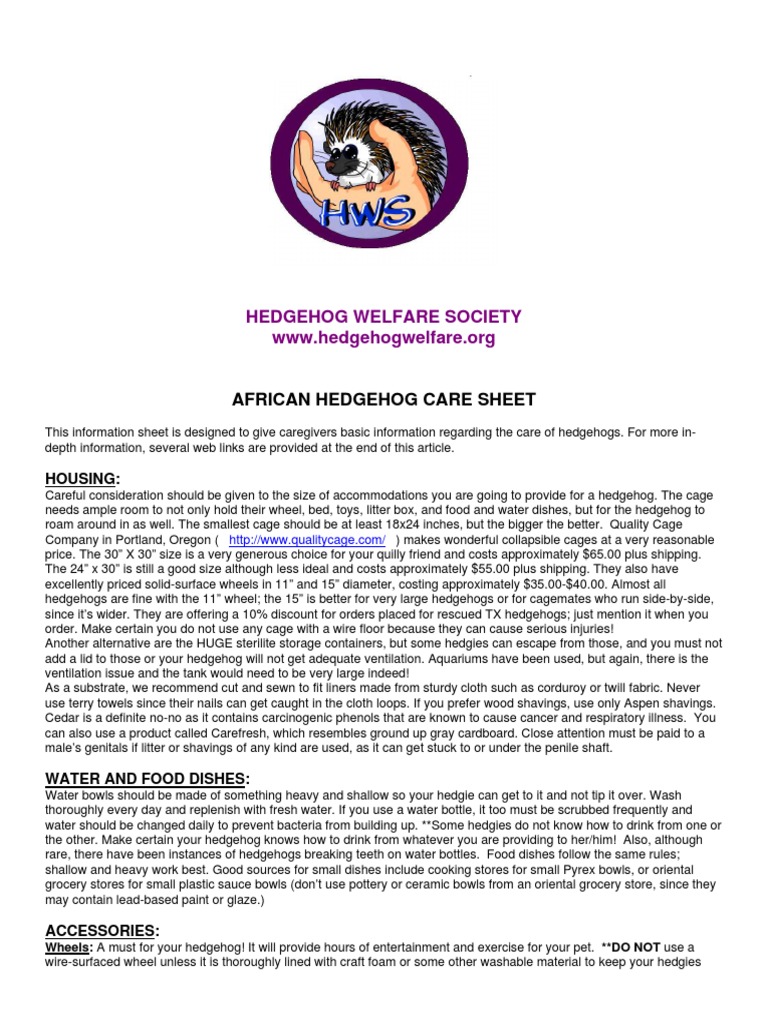 Hedgehog Welfare Society: African Hedgehog Care Sheet | PDF ...