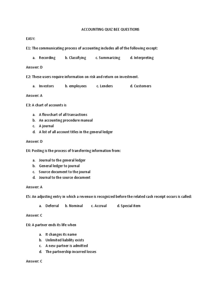Accounting Quiz Bee Questions and Answers | PDF | Debits And Credits ...