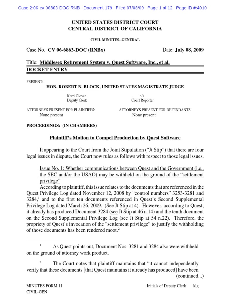 Middlesex v. Quest PDF AttorneyClient Privilege Discovery (Law)