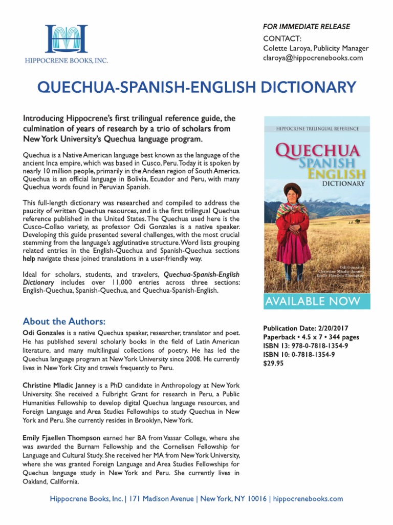 QuechuaSpanishEnglish Dictionary Press Release PDF