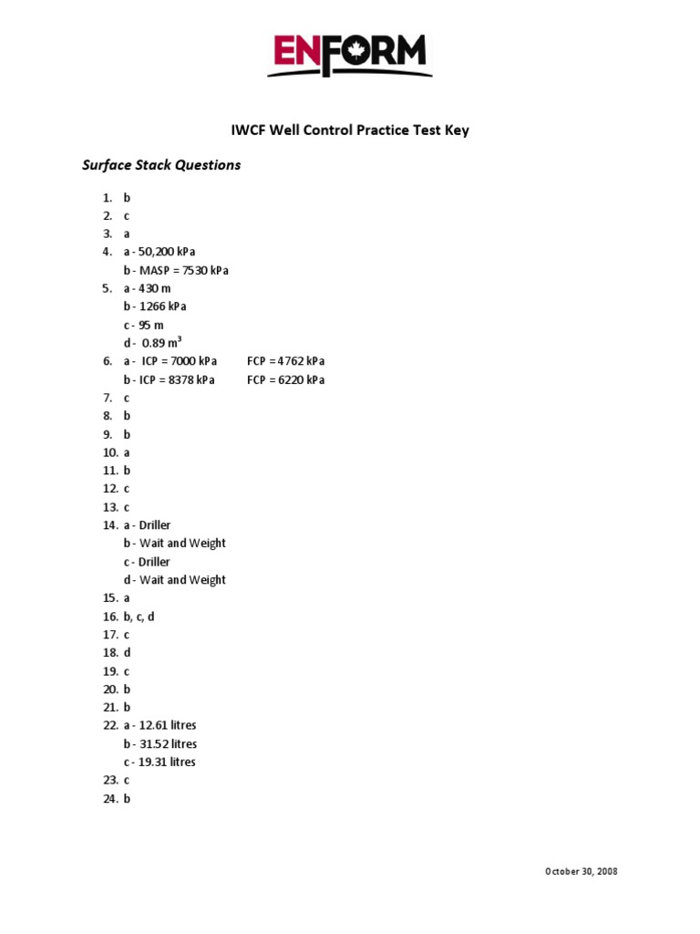 IWCF Well Control Practice Test Key | PDF