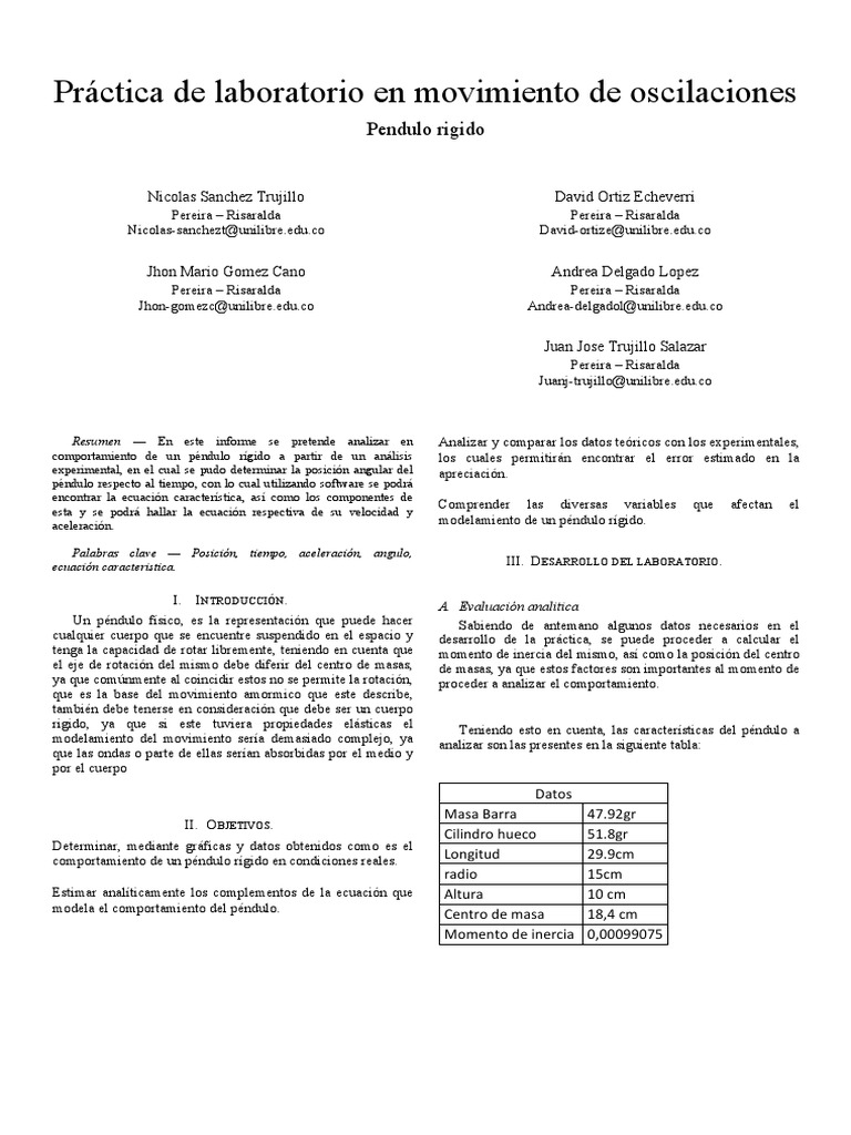 Análisis del Péndulo Rígido en Laboratorio | PDF | Péndulo | Oscilación