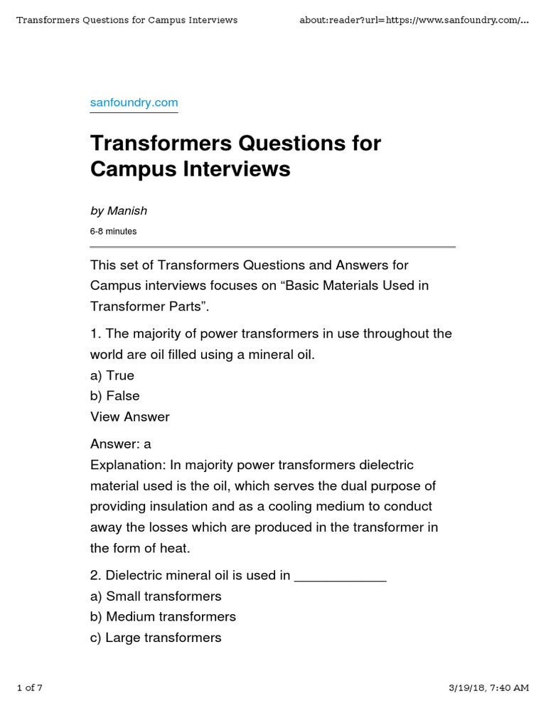 Questions & Answers On Basic Materials & Transformer Construction | PDF ...