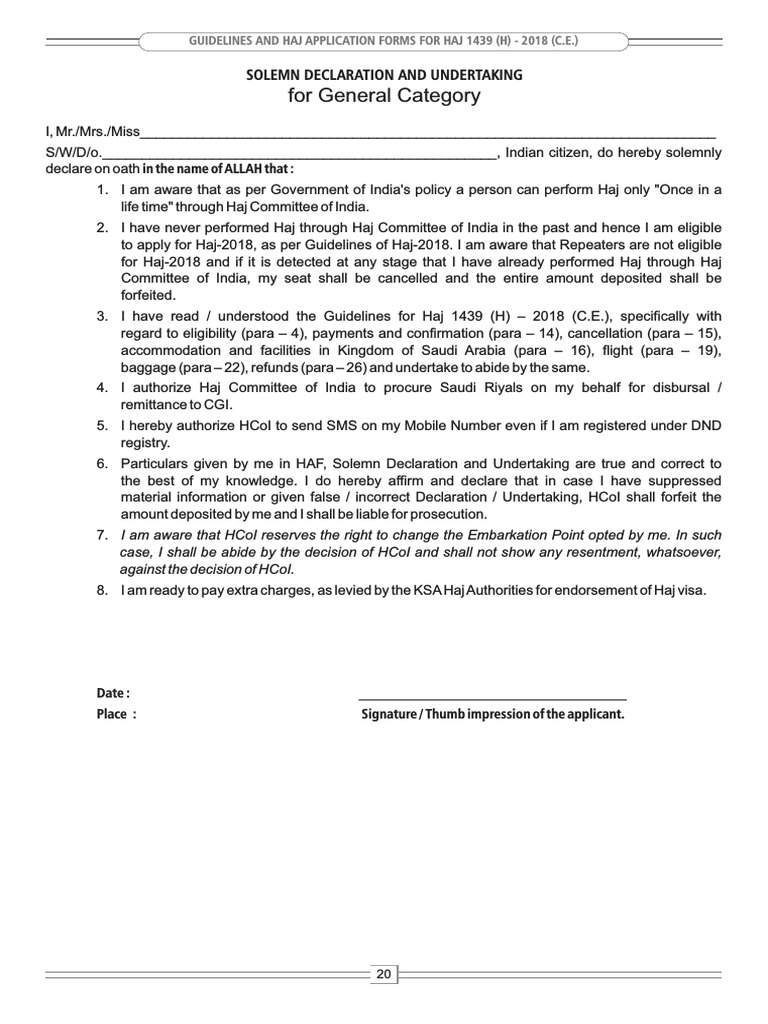 For General Category Solemn Declaration and Undertaking PDF Hajj