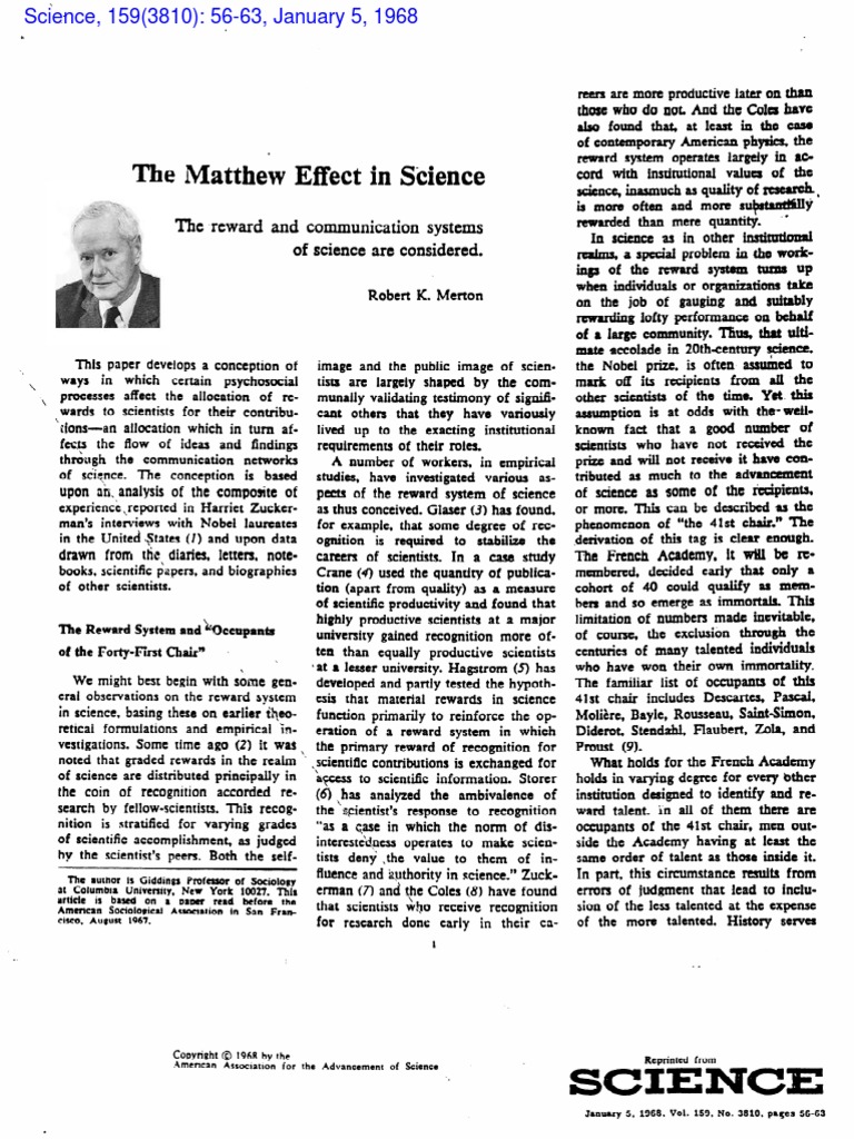 Merton. 1968. The Matthew Effect in Science | PDF | Scientist ...
