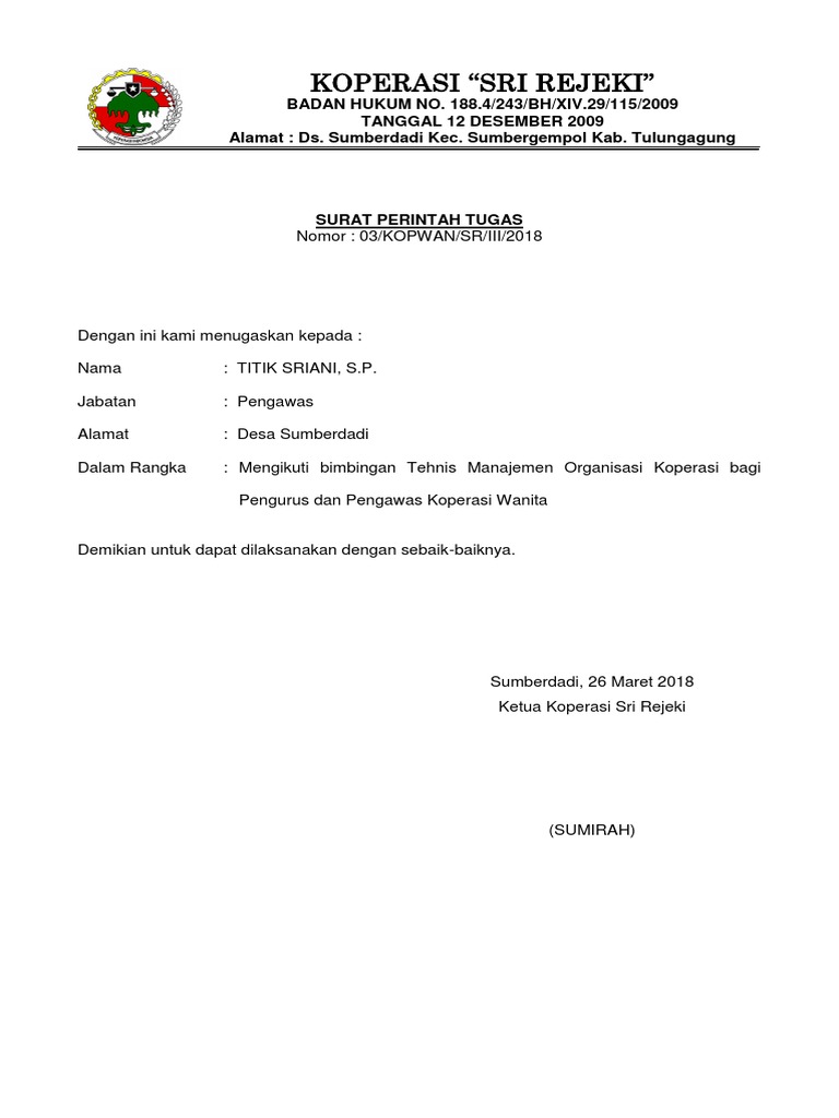 Surat Tugas Kopwan Sri Rejeki Bu Sum