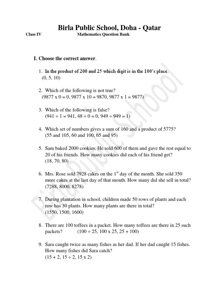 Class IV Math Question Bank | PDF | Division (Mathematics) | Multiplication