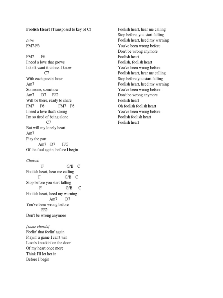Foolish Heart - Lyrics and Chords (Key of C)