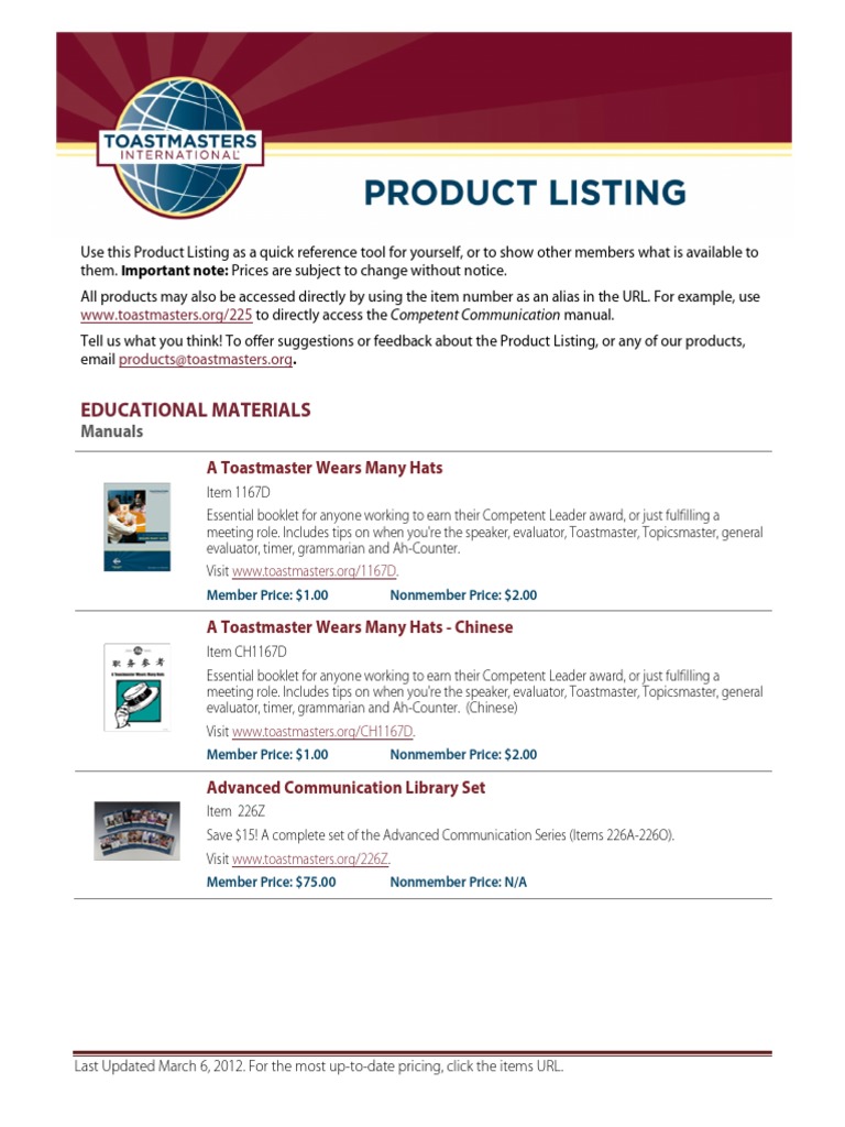 Toastmasters International Product Catalogue Public - 