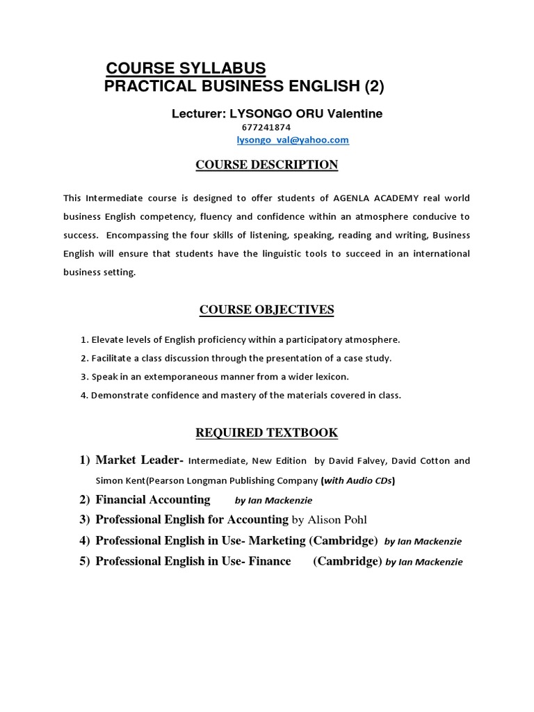 Business English Course Syllabus Agenlalevel I | PDF | Behavior  Modification | Change
