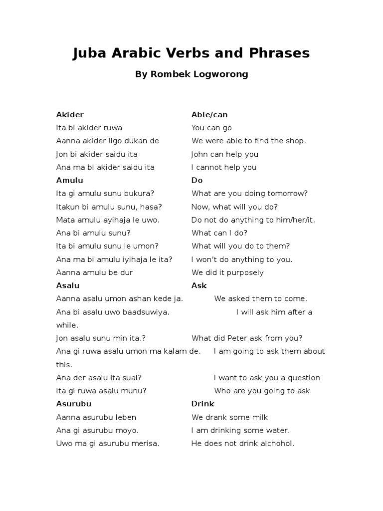 Juba Arabic Verbs and Phrases PDF Linguistics Semiotics