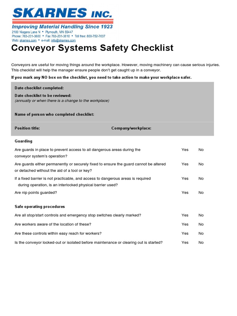 Conveyor Safety Checklist Skarnes Prevention Safety