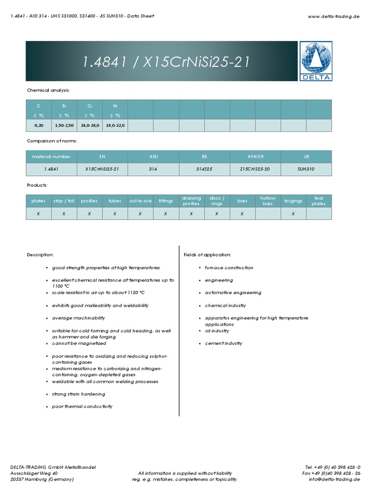 1.4841 - AISI 314 - UNS S31000 S31400 - JIS SUH310 - Data Sheet | PDF ...