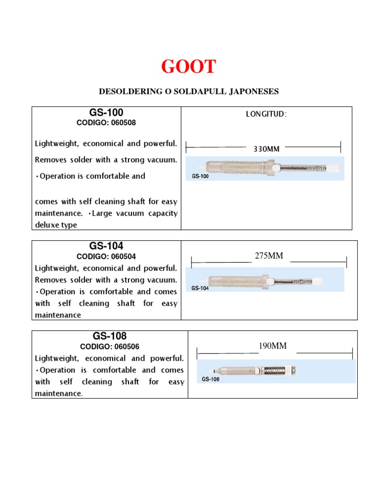 Desoldering Pump Goot (Gs 100) Datasheet PDF