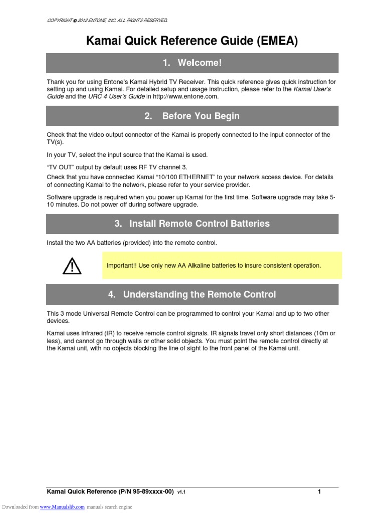 Entone Kamai 410 Quick Reference Manual PDF Remote Control Set