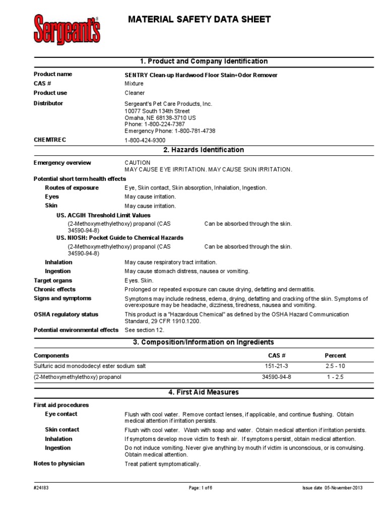 SENTRY CleanUp Hardwood Floor Stain+Odor Remover MSDS Download