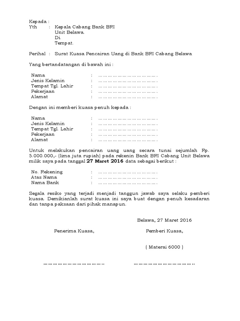 1 Contoh Surat Kuasa Pencairan Dana Di Bank Dalam Bentuk File Word
