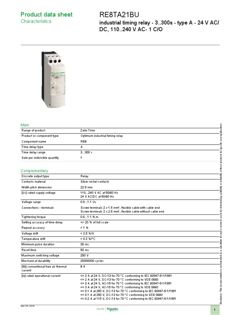 Zelio Timer RE8TA21BU Specifications | PDF | Relay | Alternating Current