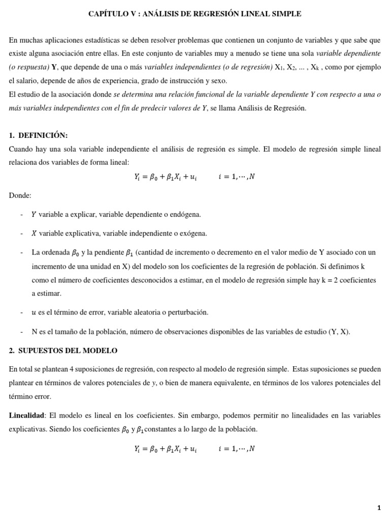 Cap V - Análisis de Regresión Lineal Simple PDF | PDF | Análisis de  regresión | Correlación y dependencia