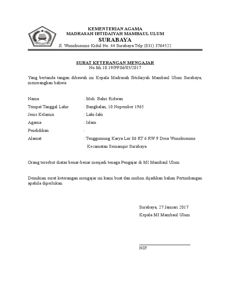 Contoh Surat Keterangan Mengajar