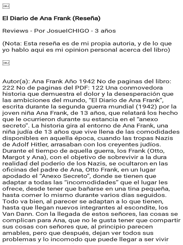 Reseña del Diario de Ana Frank | PDF | Anne Frank | Agitación