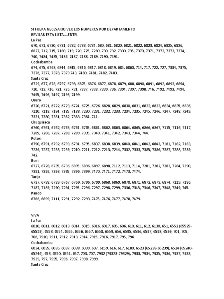 Lista de números telefónicos por departamento de Bolivia de las ...