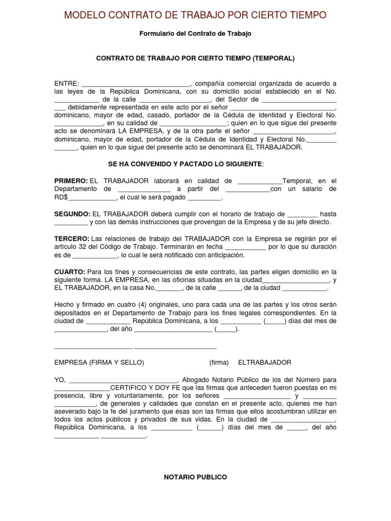 Modelo Contrato de Trabajo Por Cierto Tiempo | Gobierno | Política