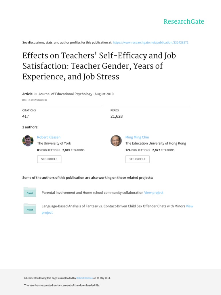 Effects On Teachers' Self-Efficacy and Job Satisfaction: Teacher Gender ...