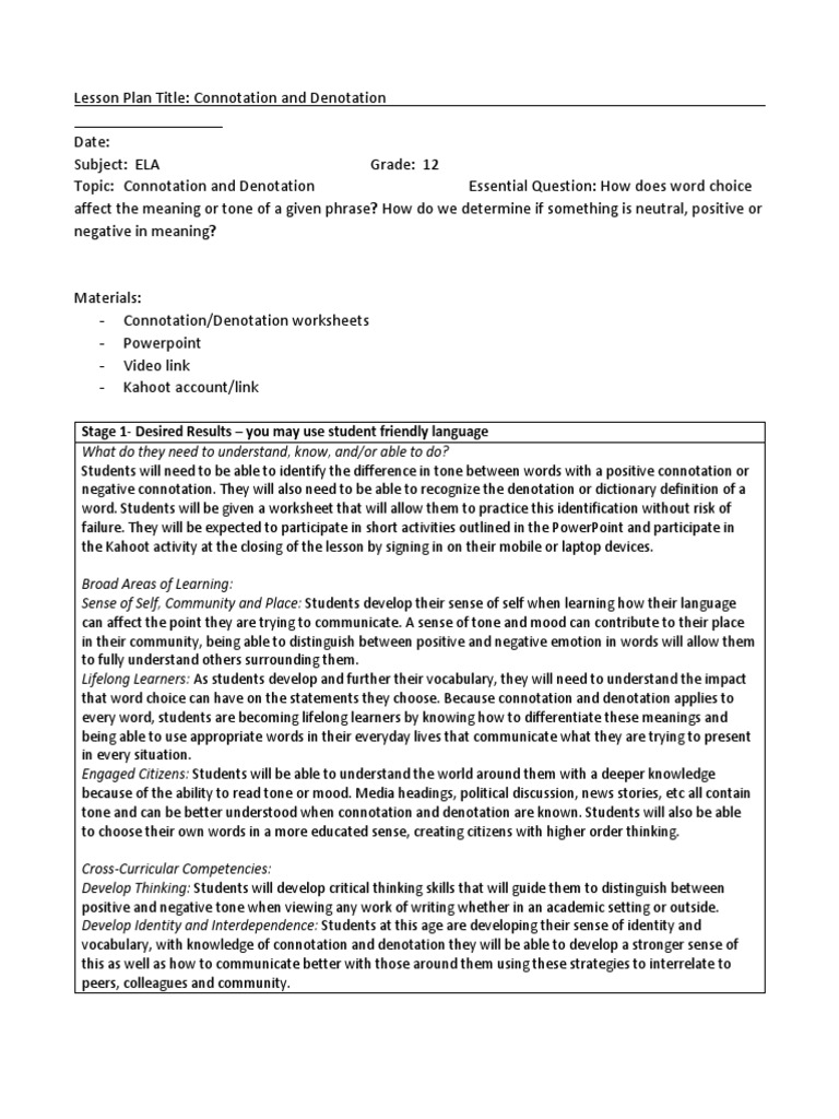 Connotation and Denotation Lesson Plan | PDF | Reading Comprehension ...