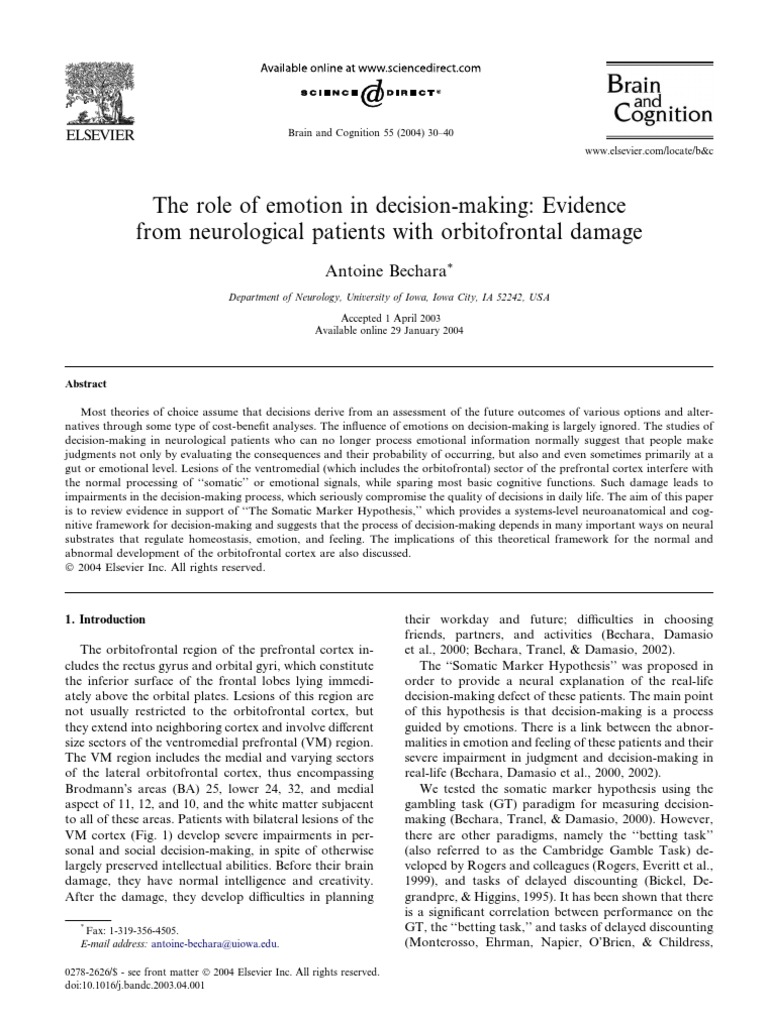 Emotion's Role in Decision-Making | PDF | Working Memory | Decision Making