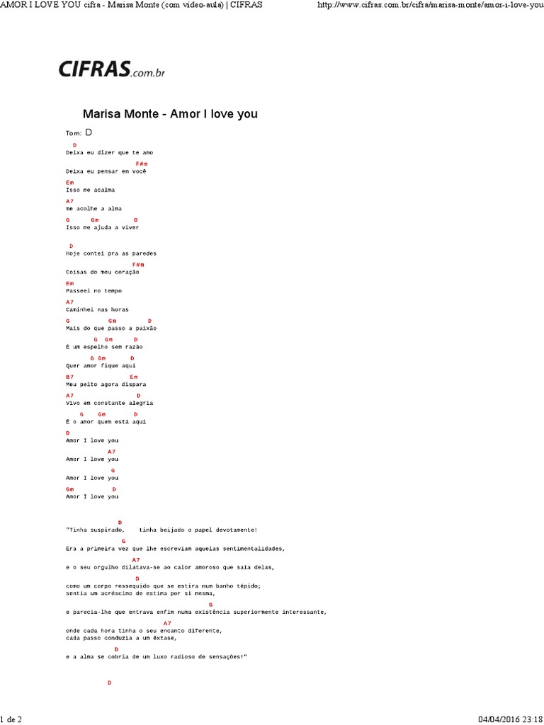 AMOR I LOVE YOU Cifra Marisa Monte VídeoAula) CIFRAS PDF