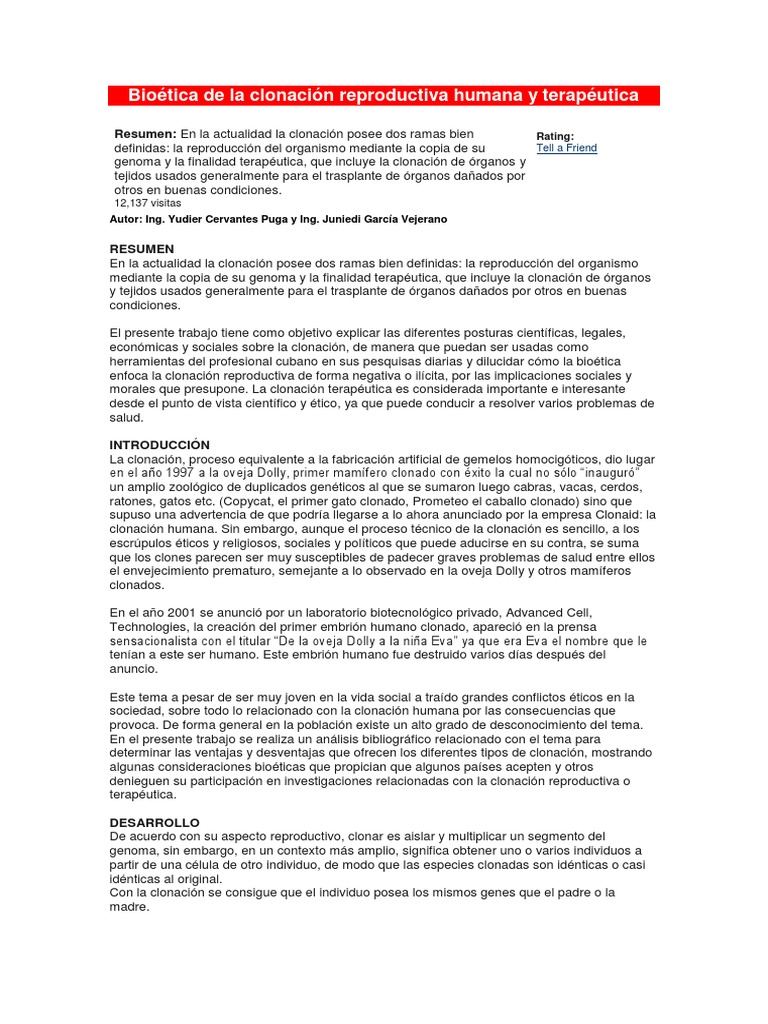 Bioética de La Clonación Reproductiva Humana y Terapéutica