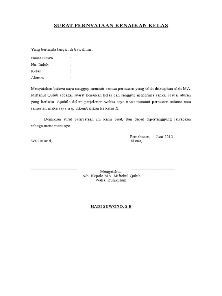 Surat Pernyataan Kenaikan Kelas