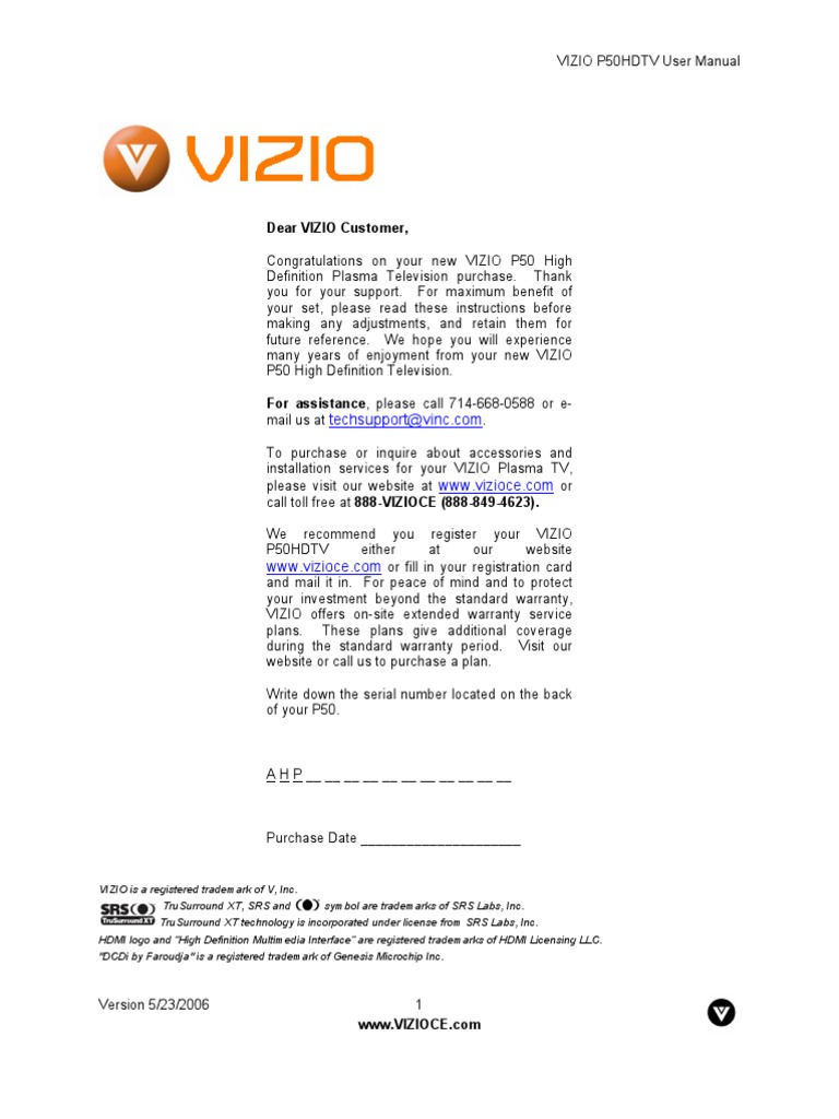 Vizio Manual P50HDTV10A[1] | Hdmi | Ac Power Plugs And Sockets | Free