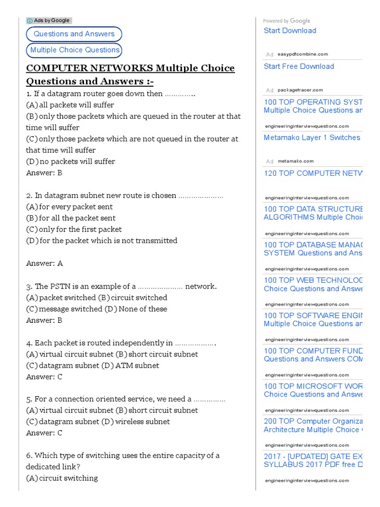 100 COMPUTER NETWORKS Multiple Choice Questions and Answer PDF Routing Network Congestion