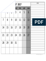 Aug 2017 Blank Calendar Weekend Marked Right Sidebar For Notes