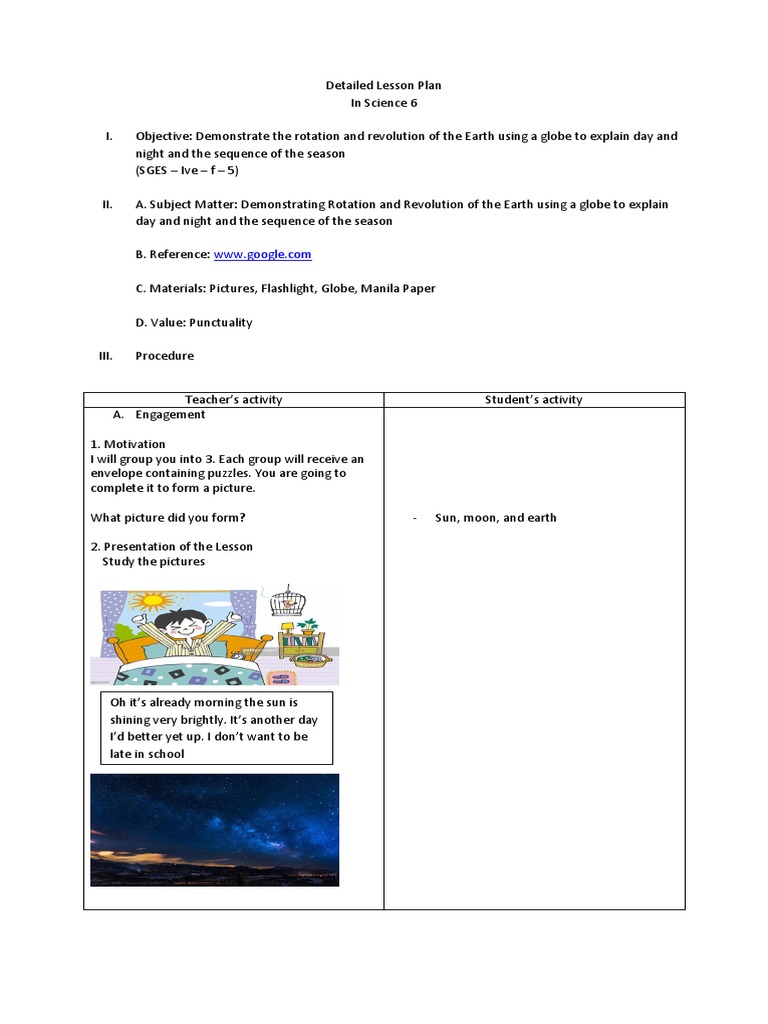 Detailed Lesson Plan | PDF | Rotation | Orbit