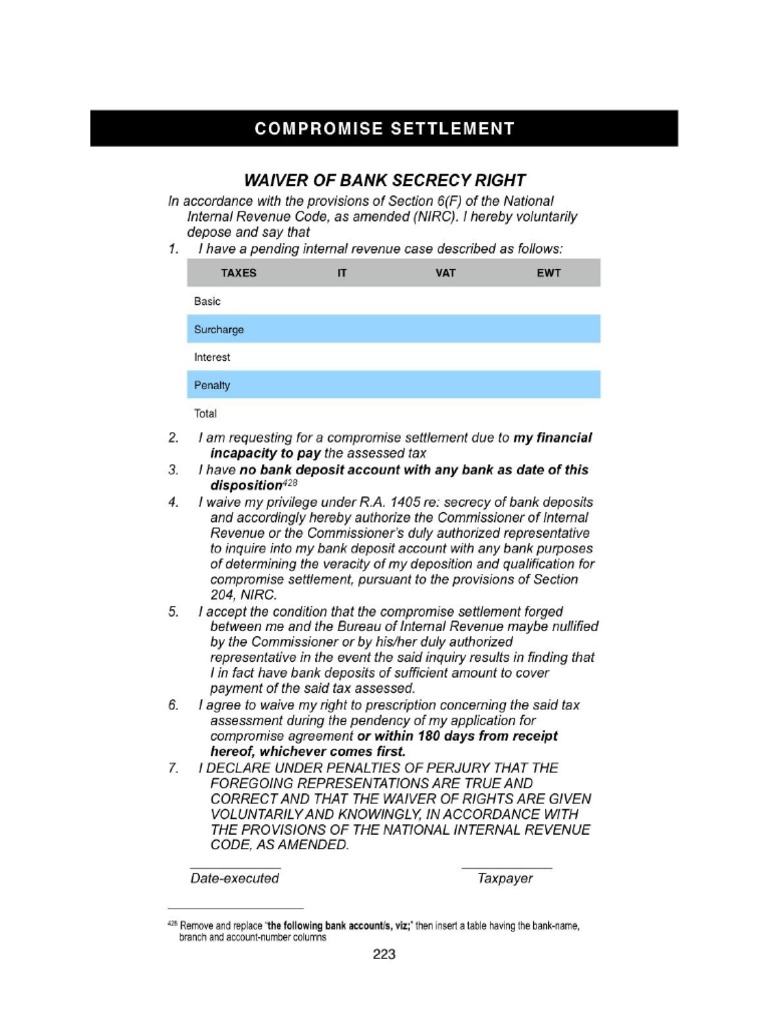Waiver Of Bank Secrecy Law Sample Pdf