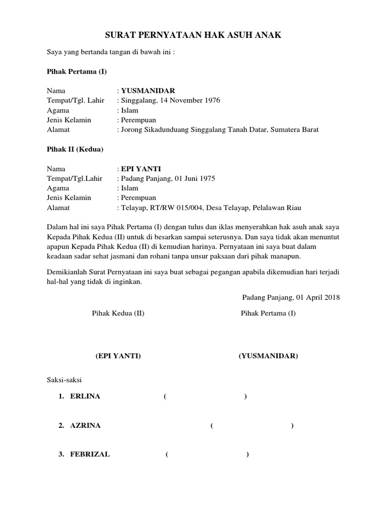 Surat Pernyataan Hak Asuh Anak