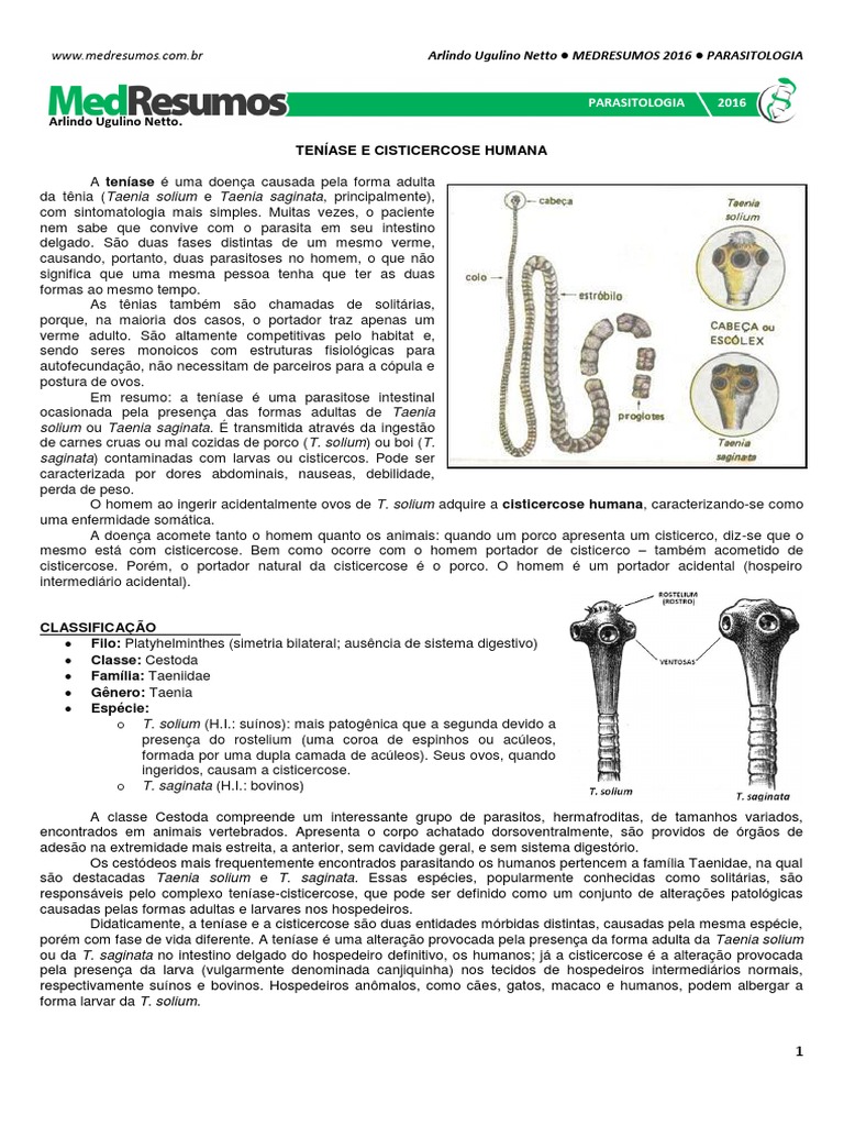 Grátis: AULA TENIASE CISTICERCOSE 1 2 - Material Claro e Objetivo em PDF  para Estudo Rápido, image size:768x1024