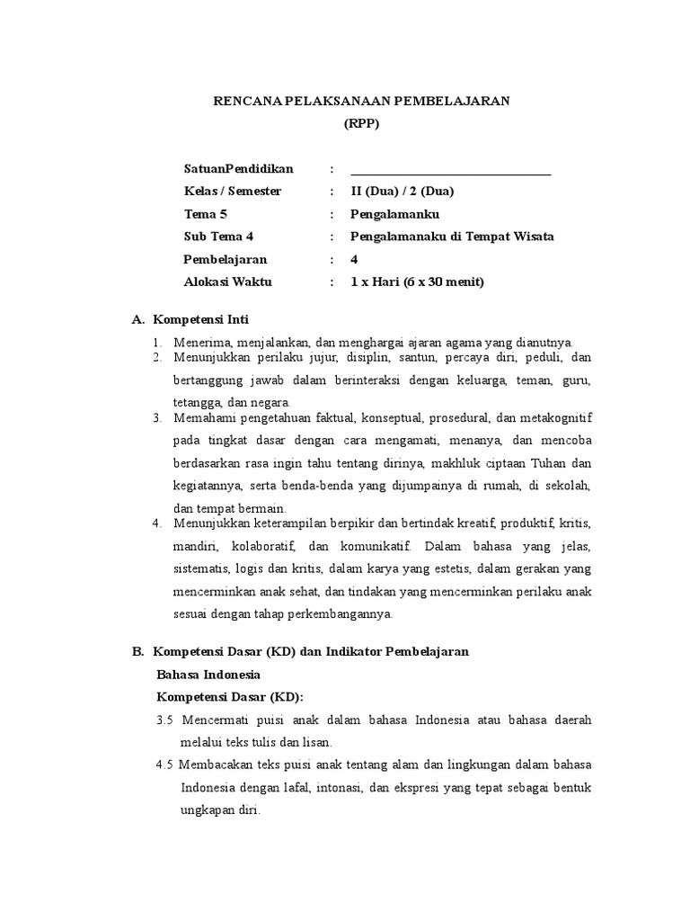 Rpp Kelas 2 Tema 5 Subtema 4