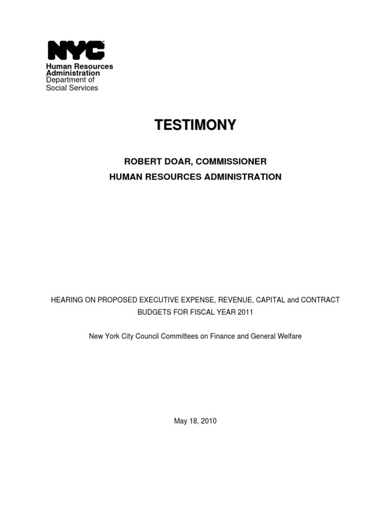 Testimony Robert Doar, Commissioner, NYC Human Resource Administration ...