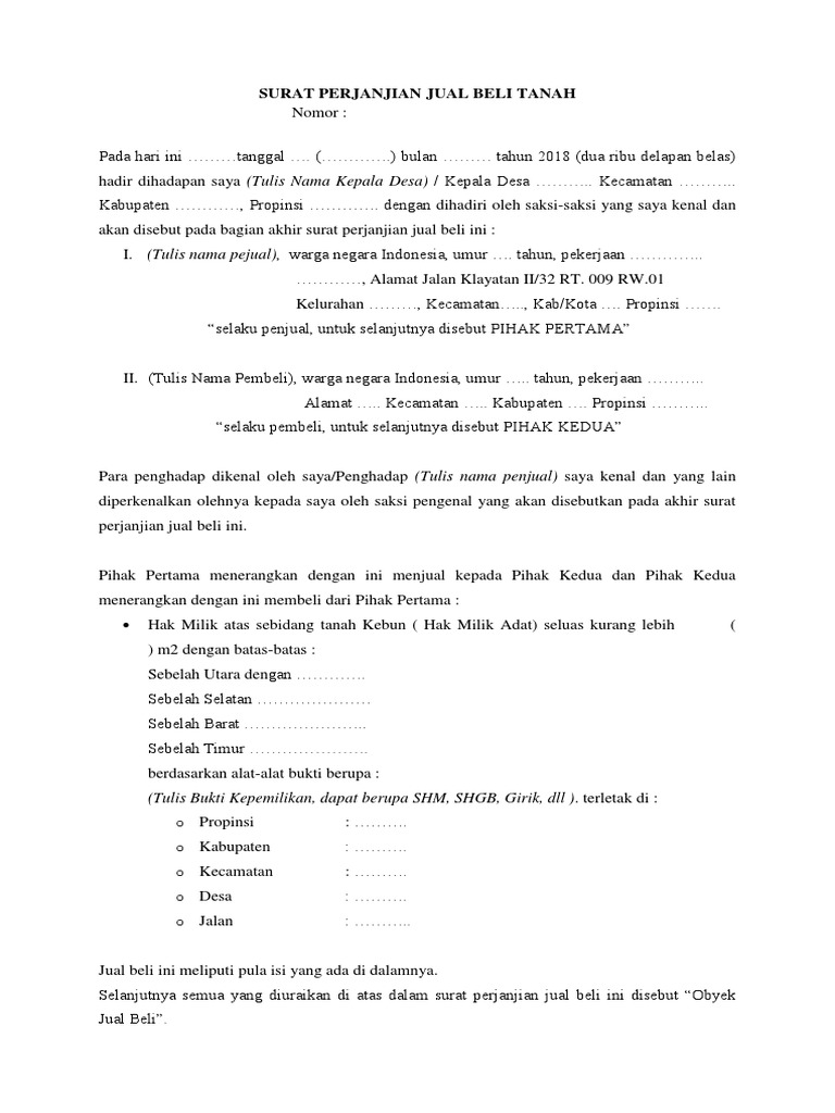 Surat Perjanjian Jual Beli Tanah