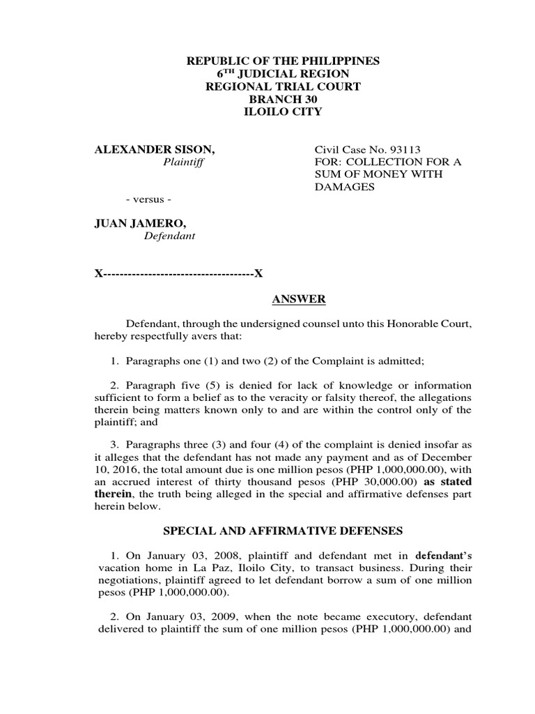 ANSWER - Collection For A Sum of Money | PDF | Lawsuit | Government